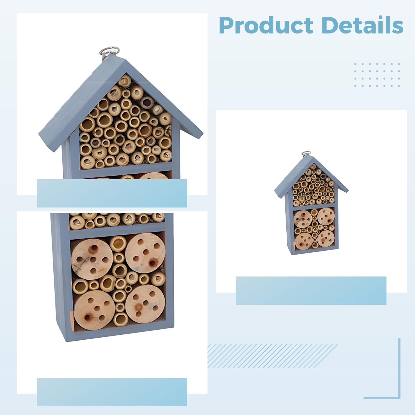 Wildbienennisthilfe aus massivem Holz, Insektenhotel für den Garten, langlebiges Bestäuberhabitat für draußen mit Holzröhren, lehrreich für Kinder und Erwachsene, Blaue Lackierung