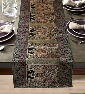 DK Homewares Indian Decorative Brocade Table Runner 150 cm Long Bohemian For Coffee Table Black And Gold Jacquard Peacock Floral Rectangle 5 Ft Home Decoration Table Cloth (40 x 150 cm)
