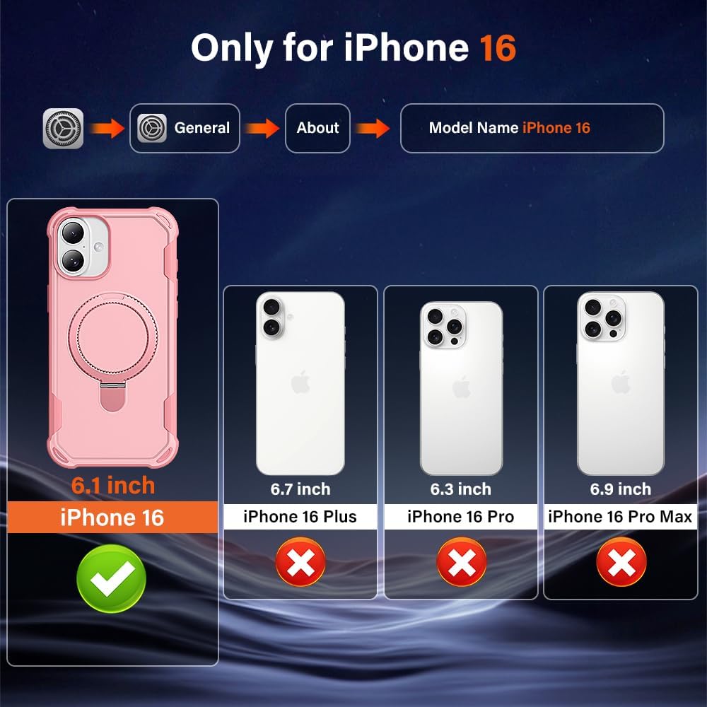 designed for iphone 16 case with magnetic stand [military drop protection][compatible with magnet] shockproof 16 phone case with ring holder, pink pink iphone 16