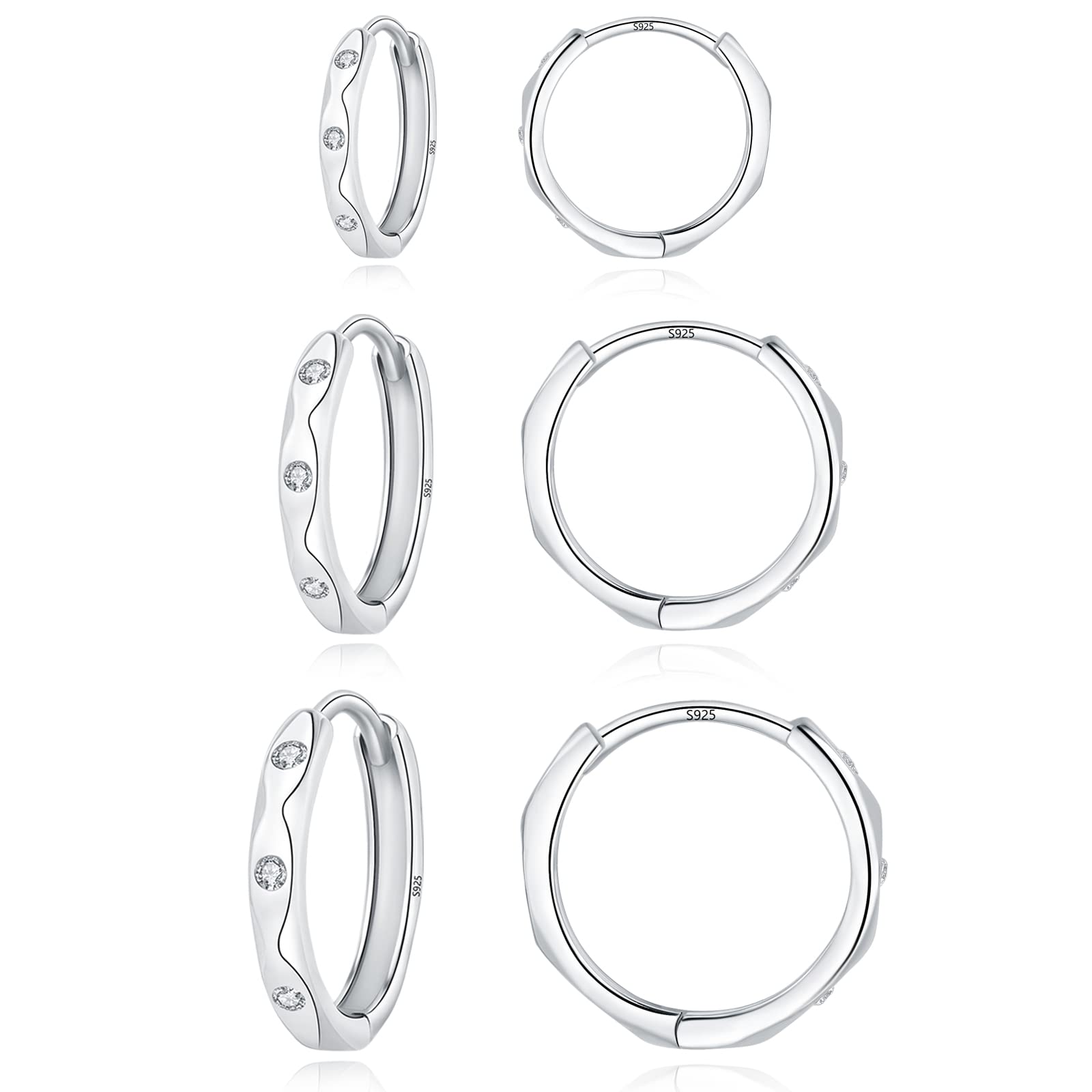 LoutadeSilver Hoops Earrings for Women, 3 Pairs 925 Sterling Silver Hoop Earrings Set with Cubic Zircon, 9/11 / 13mm Unisex Round Huggie Sleeper Cartilage Silver Hoop Earrings for Girls Women Men