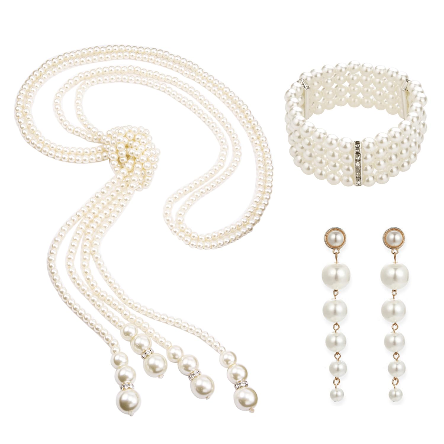 Avalaya Set Gioiello Con Perle – Collana 43 Cm, Bracciale Elastico E Orecchini A Goccia – Perle Finte Bianche E Vetro Rosso - 4