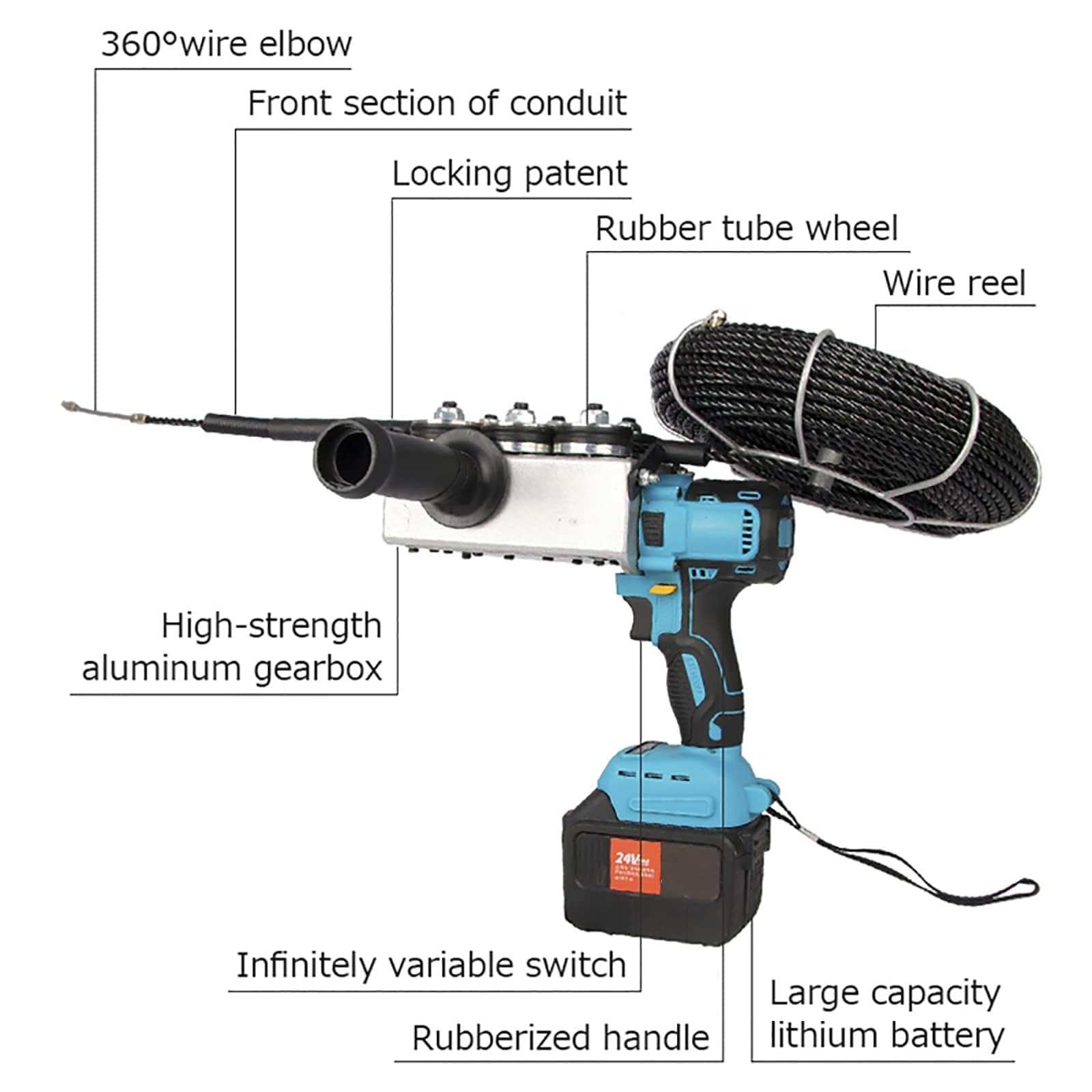 Roscadora eléctrica, herramienta automática for estirar cables, equipo de transporte de tuberías de pared, selección de 4 baterías, cable de 30 metros, rápida y práctica, dispositivo(30000 mA)