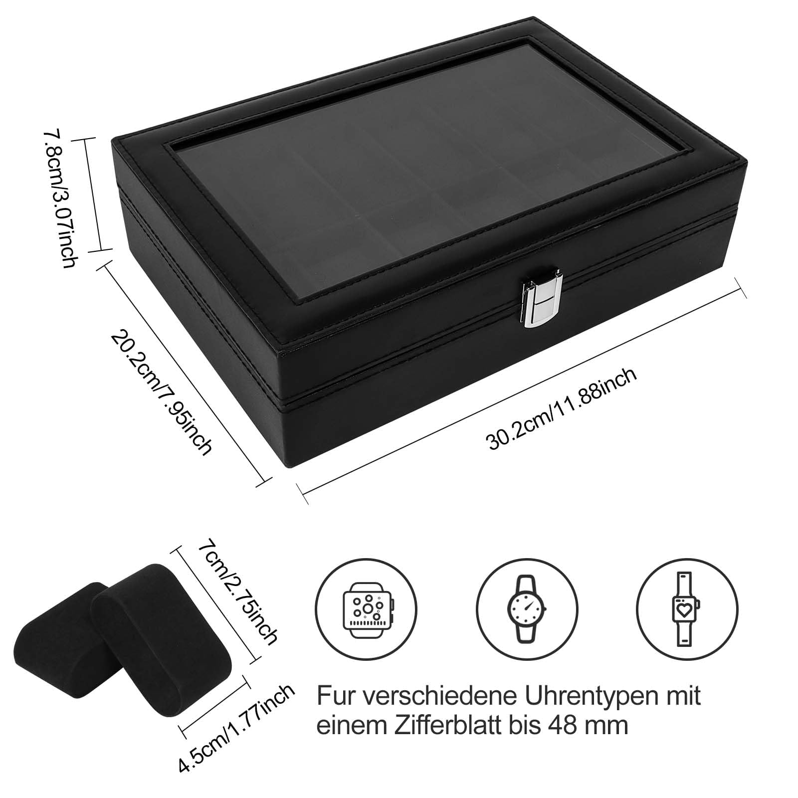 Boîte à Montres à 12 Emplacements, Coffret à Montres,Présentoir à Montres,avec Couvercle en Verre,Coussinets Amovibles,Cadeau pour Homme,Boîte Rangement Montre pour Hommes Femmes,Noir