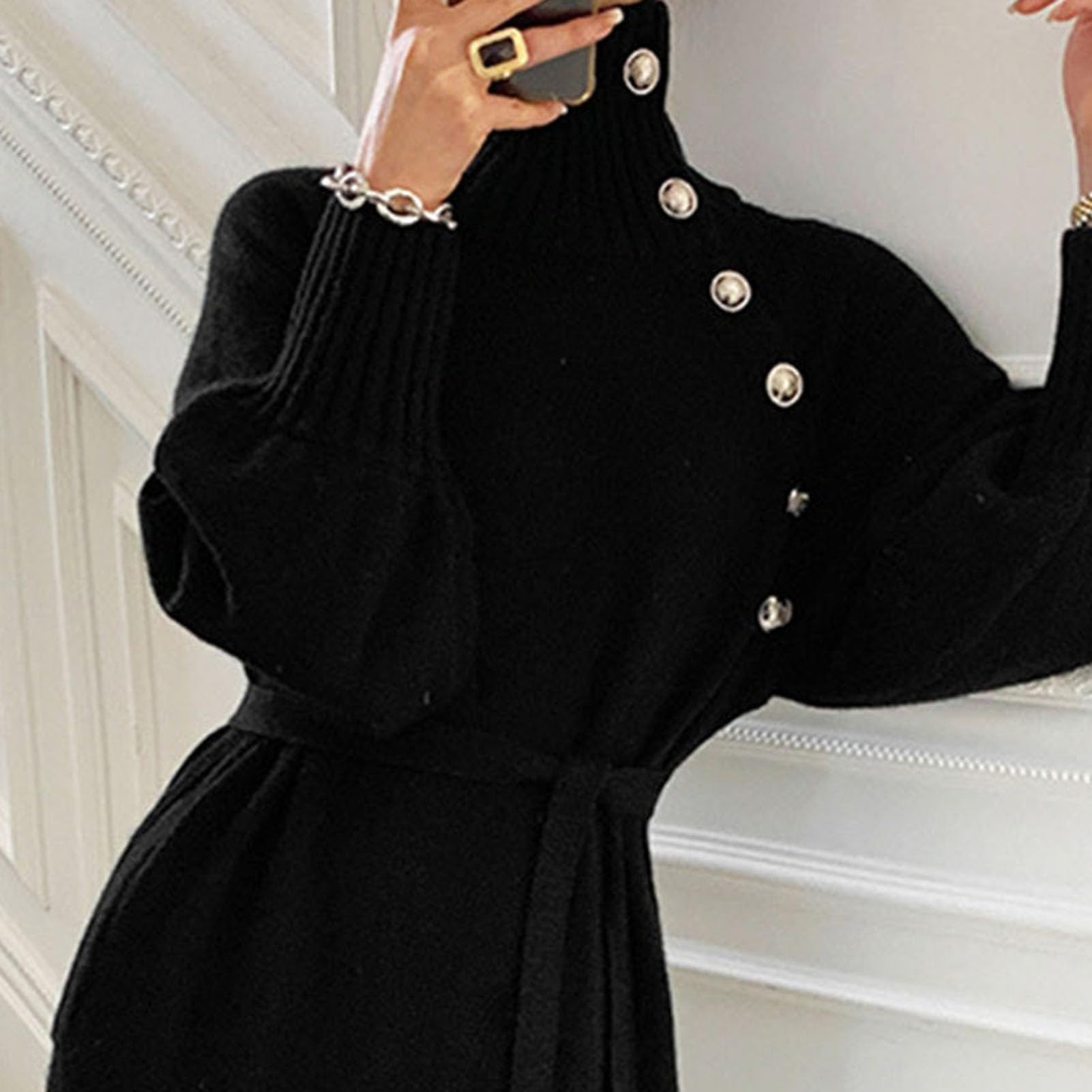 Robe midi en tricot à col roulé pour femme, col montant boutonné et manches longues. Texture en tricot côtelé, assortie à une ceinture réglable. Cette robe pull chic est un must have
