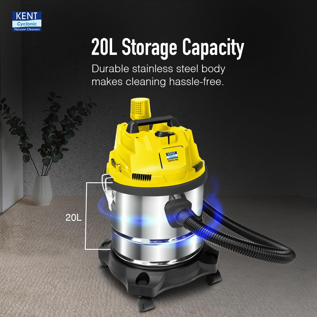 KENT Vortex Pro Wet & Dry Vacuum Cleaner | Blower Function | 1200W Power & 20L Capacity | High Suction 18 kPa | Cyclone5 Technology | HEPA Filter | SS Body & Rubberised Wheels | Black & Yellow 3