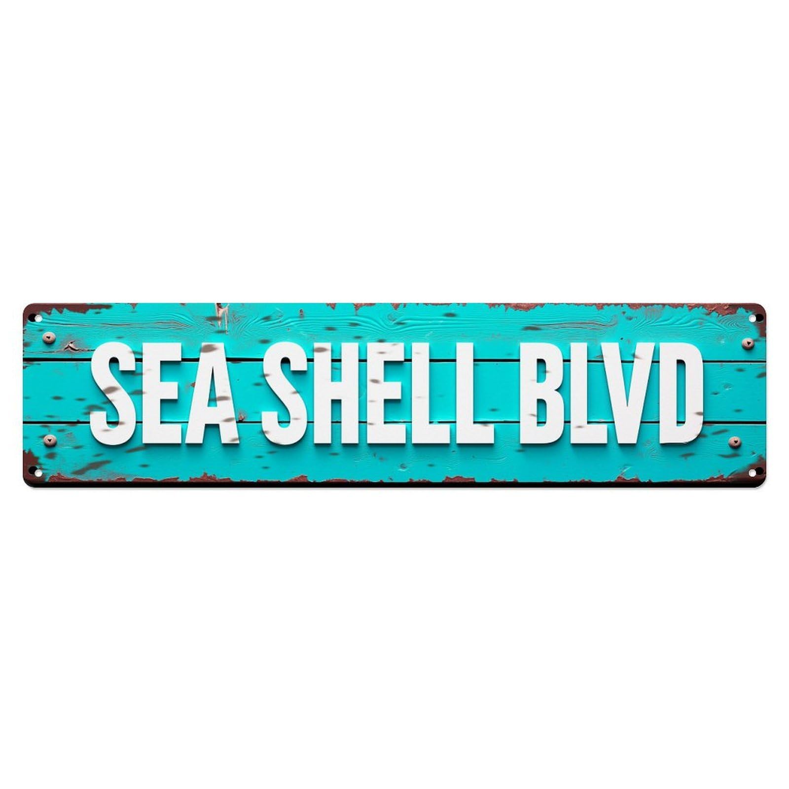 Jdyaojiesheng Vintage Sea Shell Blvd Sign Tin Sign Retro Metal Wall Decor Metal Poster, Home Bar Garage Farmhouse Cafe Wall Art Decoration 4X16inch
