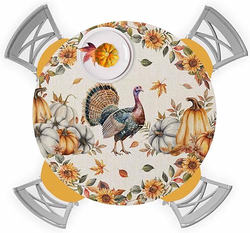 Mantel redondo ajustable de pavo de Acción de Gracias, mantel elástico, impermeable, para interiores y exteriores, mantel elástico para cena,