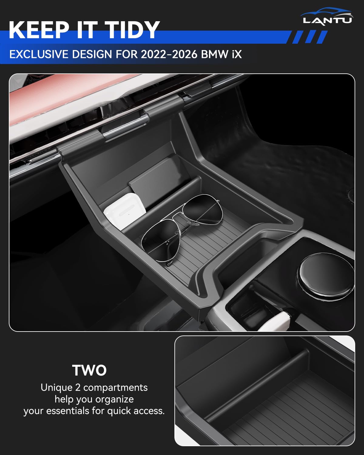 Mittelkonsole Organizer Tray für BMW iX 2022-2025 Aufbewahrungsbox mit Anti-Slip Flüssiges Silikon BMW iX Zubehör Patented Design (Obere)