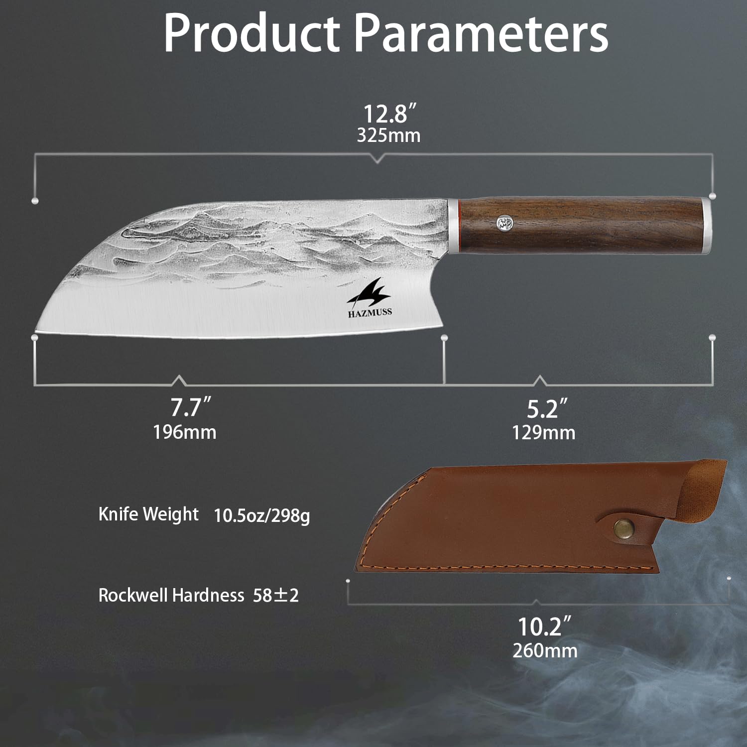 Coltello da Chef Artigianale 19,5 cm, Acciaio Alto Carbonio Affilato, Manico Legno di Frassino + Fodero in Pelle, Ideale per Cucina, Outdoor e Barbecue