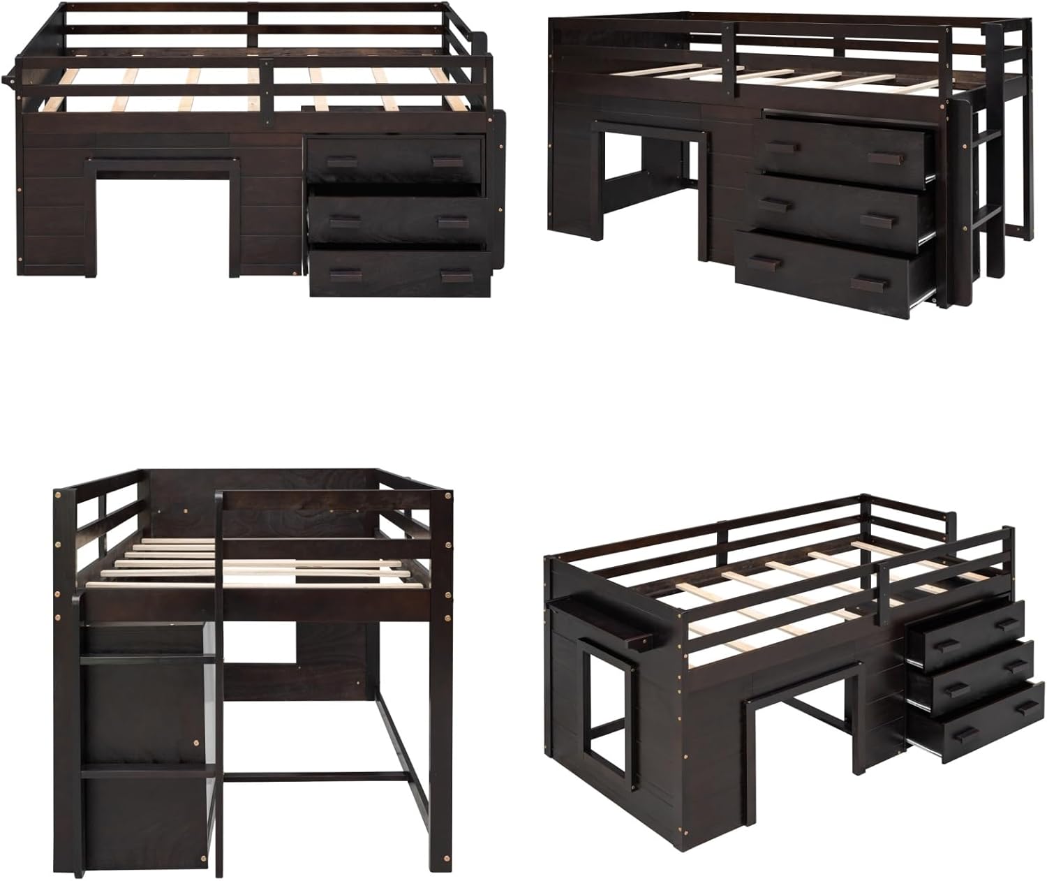 Merax Twin Wooden Loft Bed，Wood Bedframe for Kids Teens， Adults Bedroom with Cabinet, Shelf, Stairs, Espresso