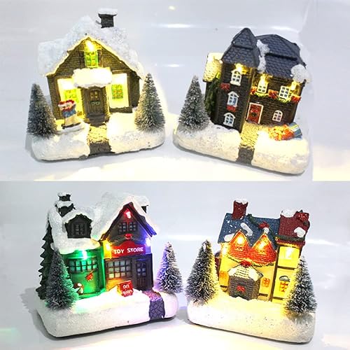 Miniatura 3 de Casa de pueblo de Navidad con luces, figuras de resina con iluminación LED Casas de pueblo de Navidad con árbol de Navidad  Escena de nieve Ciudad