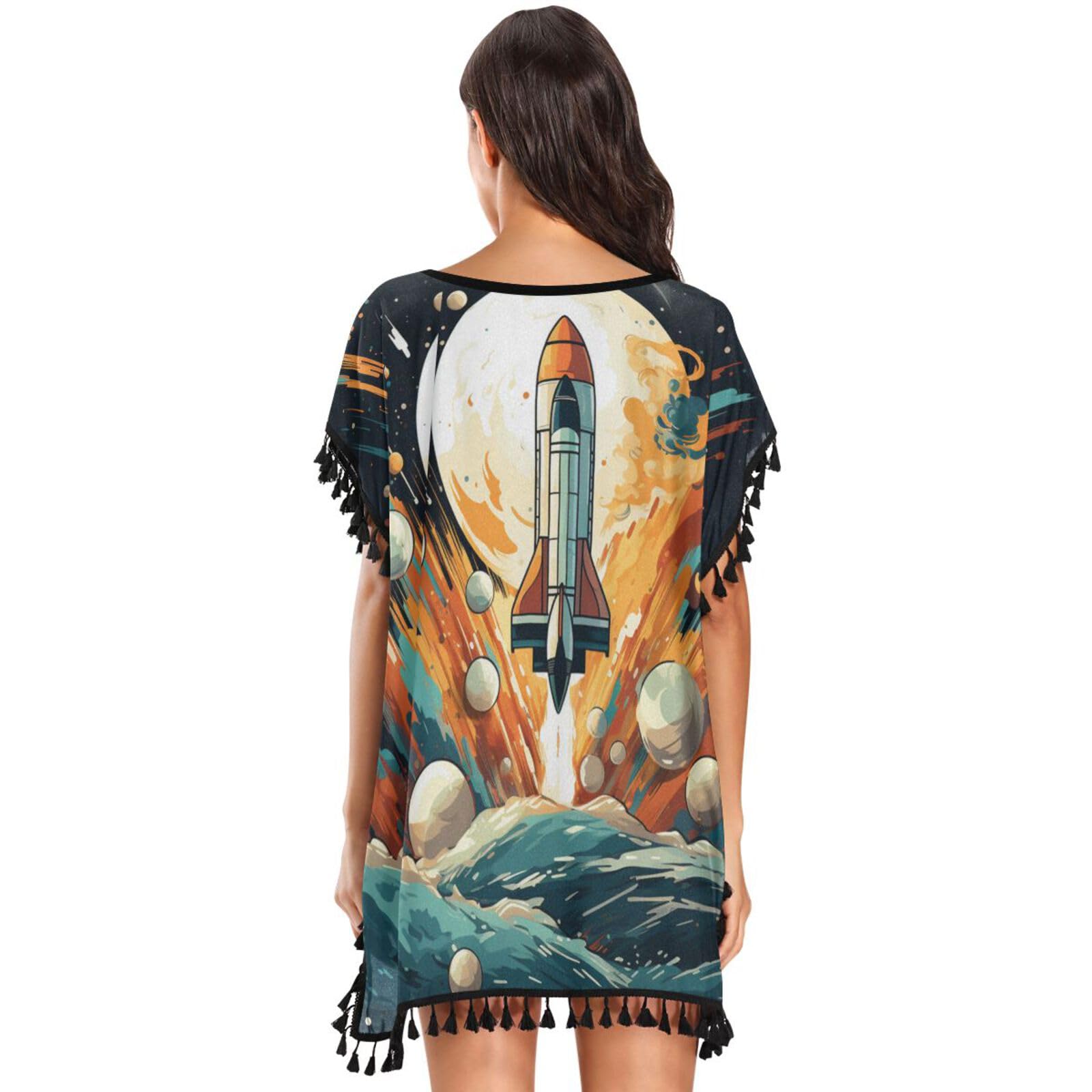 Moon Space Rocket Abstract Art Women's Beach Cover Up Chiffon Tassel Swimwear Swimsuit Coverups for Girl