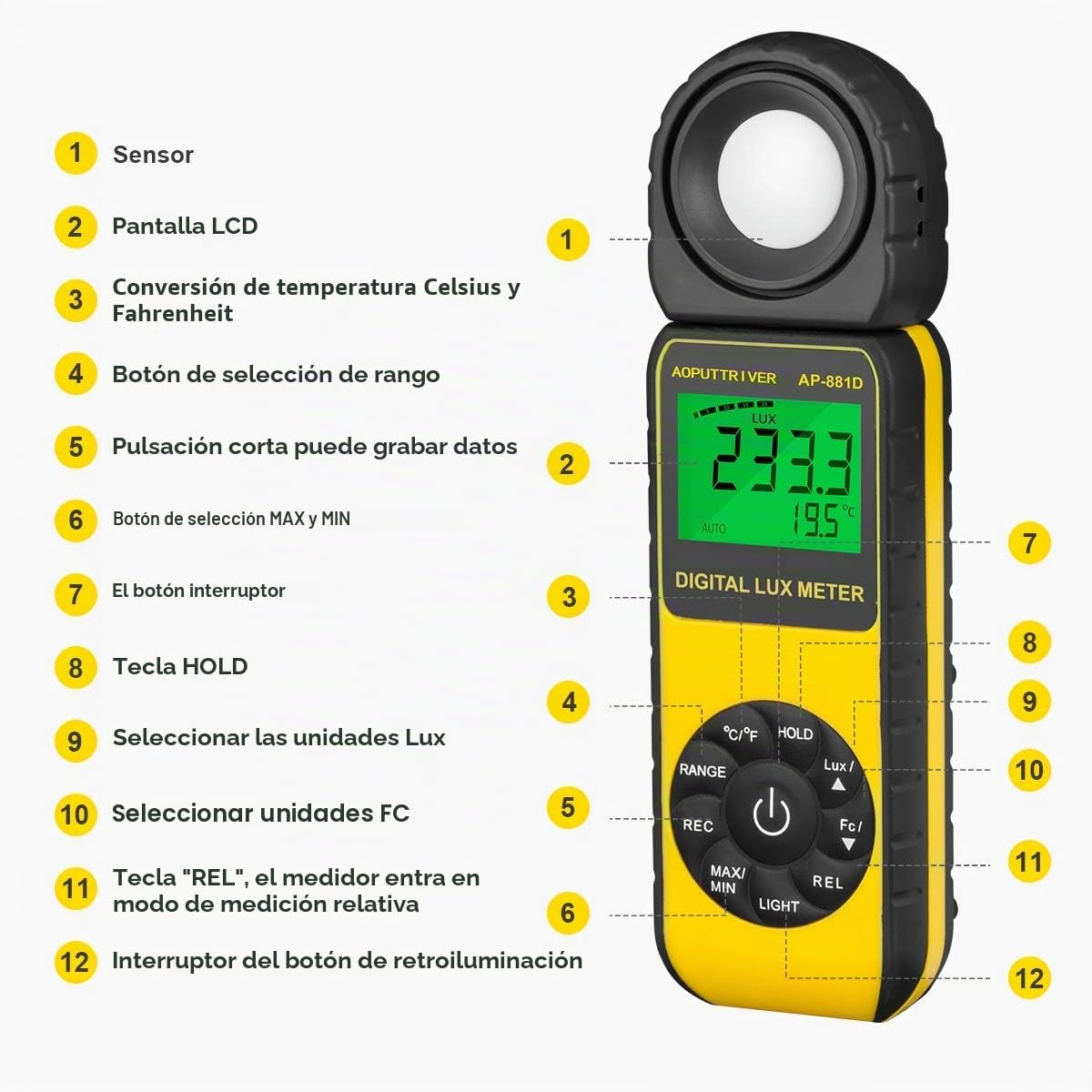 Medidor de Lux Digital Fotómetros AP-881D Medidor Iluminación 0~400,000 Lux