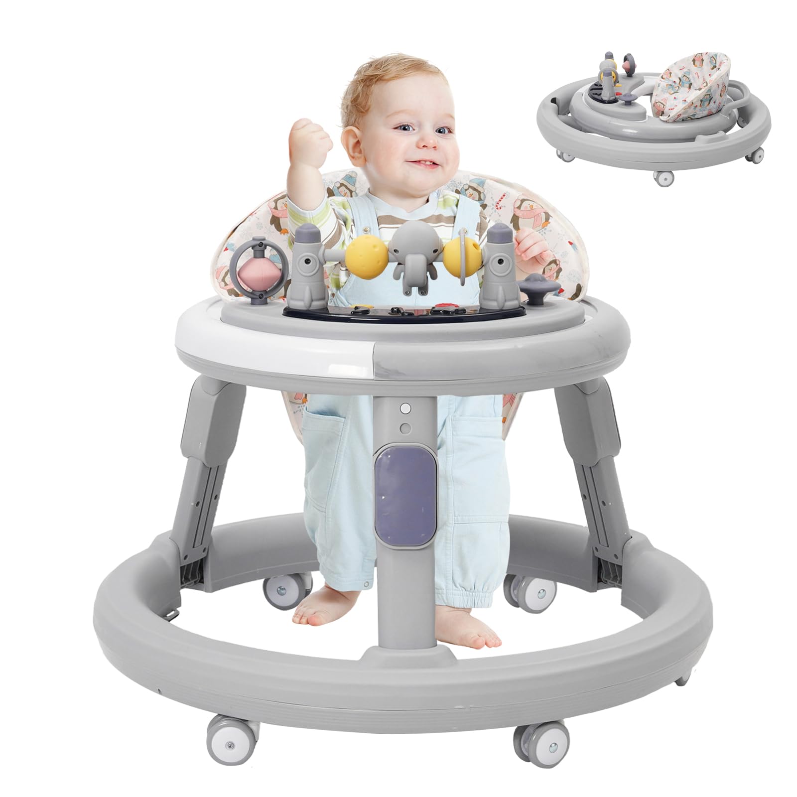 3 in 1 Foldable Baby Walker,Kids Activity Push Walker Sit and Stand Height Adjustable with 360° Quiet Wheels,Dinner Tray and Game Play Center(with Music),Gift for Girls Boys Toddler 7 Months+,Grey