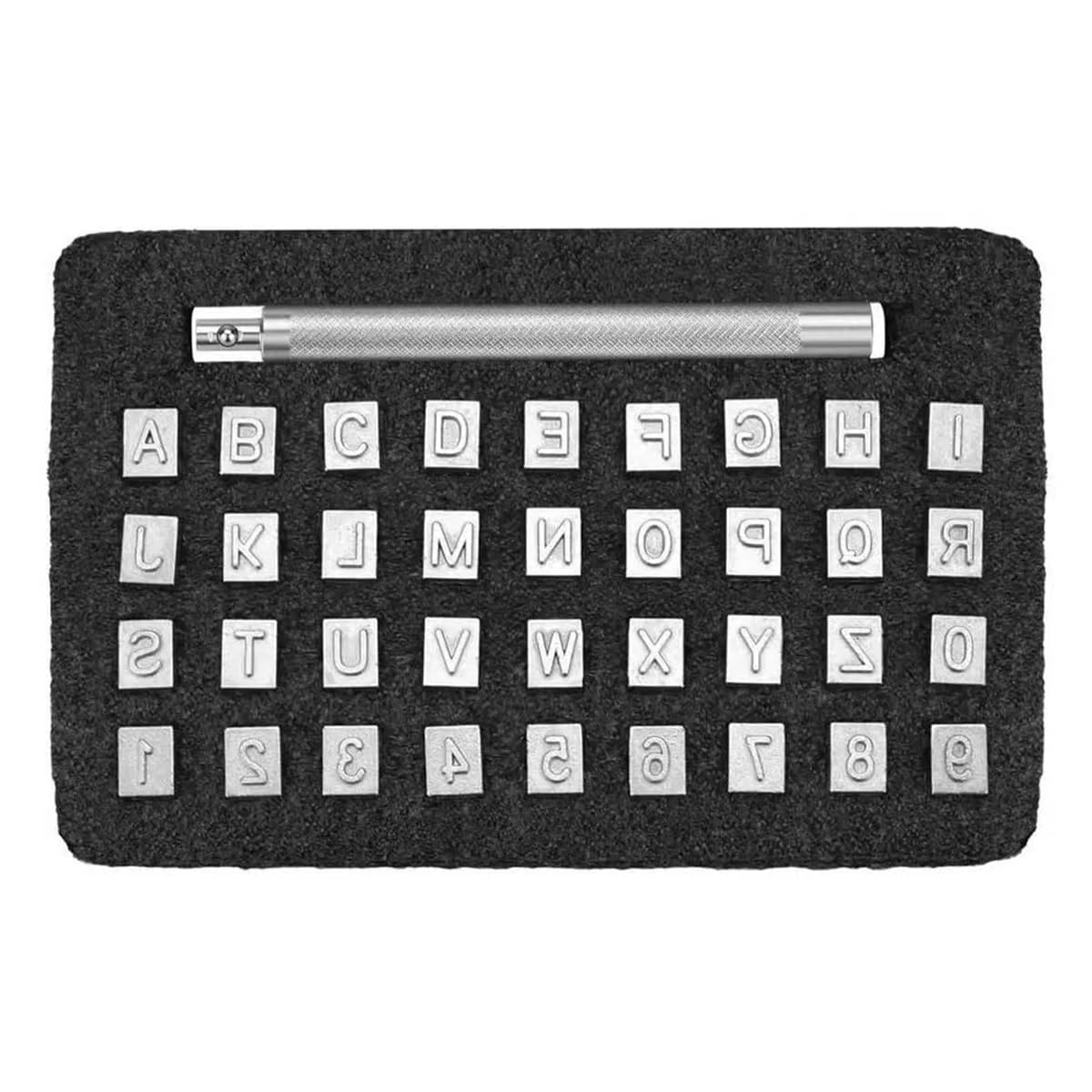 Sarini 36pcs Leather Embossing Stamp,Letter Alphabet And Number Metal Stamp Punch Kit (6.5mm) With Stamping Handle