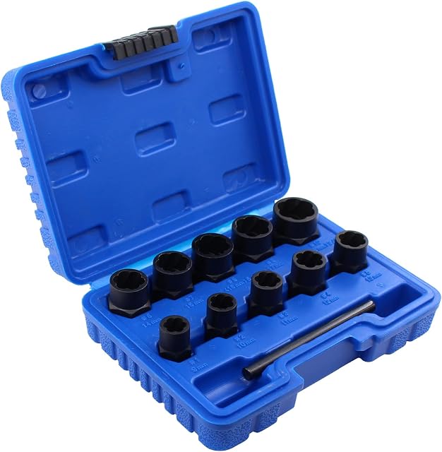 HouYeen 10Pcs Locking Wheel Nut Bolt Removal Extractor for 3/8 Inch Drive Impact Wrench Grip and Twist Socket Remover Tool 9mm-19mm with Straight Bar