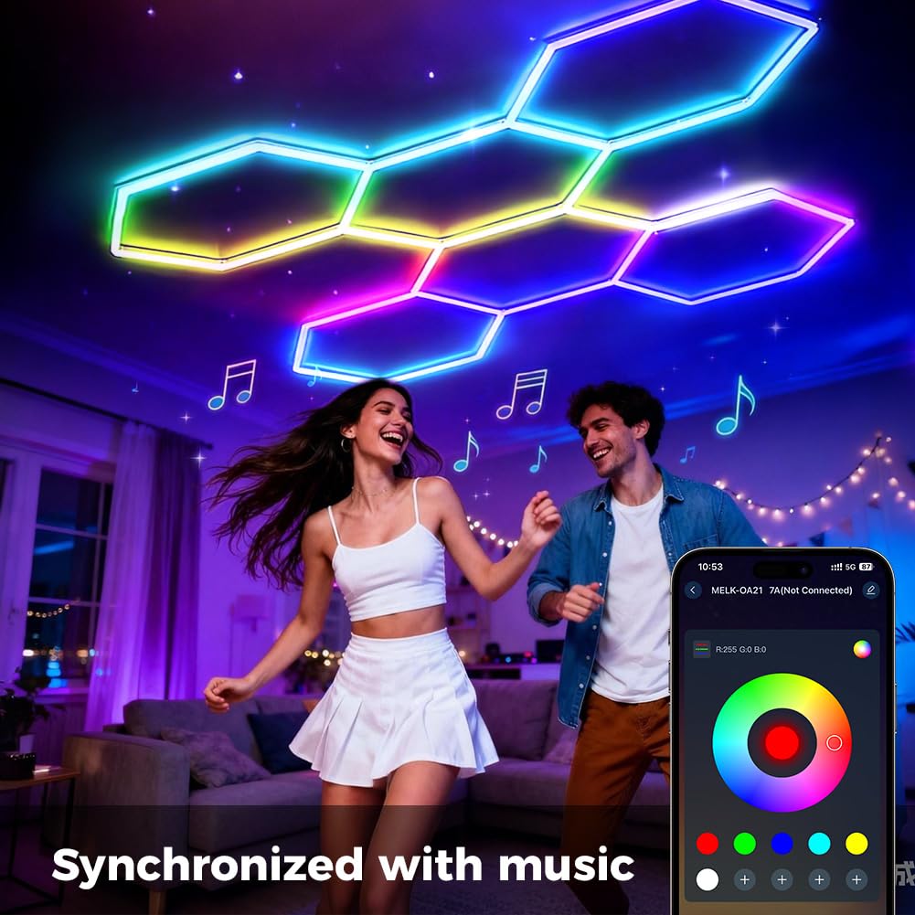 6 luci esagonali a LED RGB con modalità di sincronizzazione musicale, controllo app e telecomando, luce a nido d'ape multicolore per sala giochi, palestra e garage