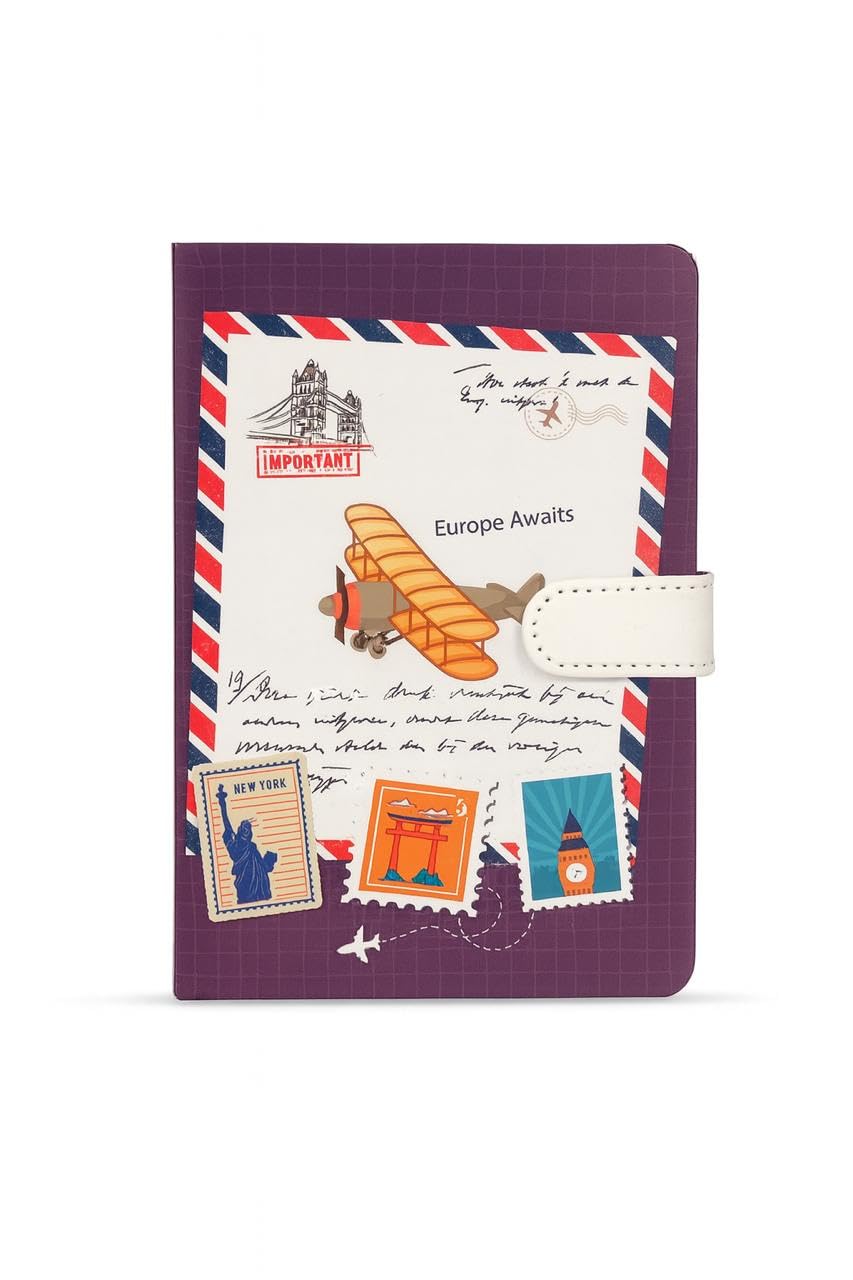 Travel Journal Diary with Vintage Postage Stamp Design, Magnetic Closure, International Landmarks Theme (purple)