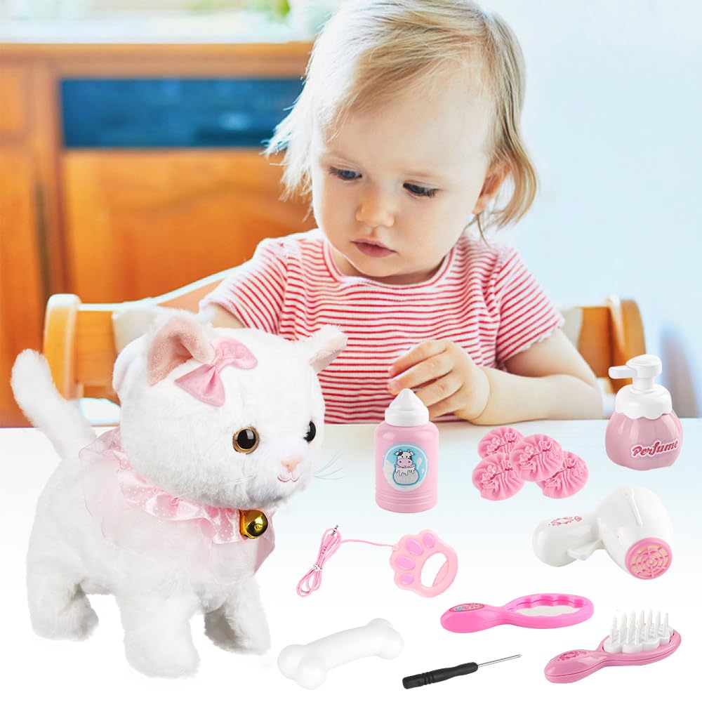 Jouet électronique en Peluche, Animal Chat électronique, Peluche Interactive, pour Chat avec Laisse Télécommandée, Marche, Aboiements, Remuant La Queue,Cadeaux De Jouets pour Filles De 3-8 Ans