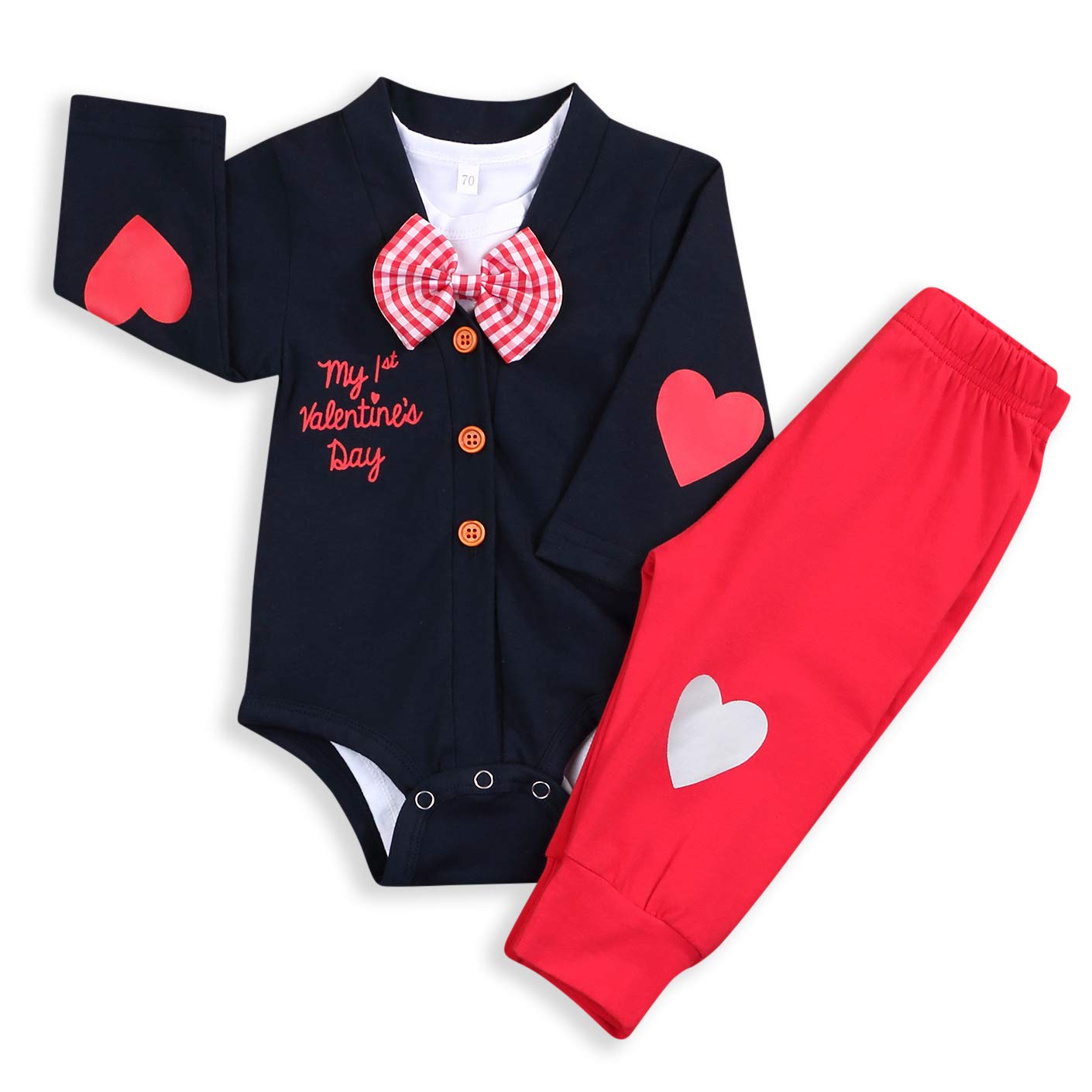 Baby Boys My First Valentine's Day Outfit Infant Boy Bow Tie Bodysuit Romper + Heart Pants Clothes 3Pcs Sets