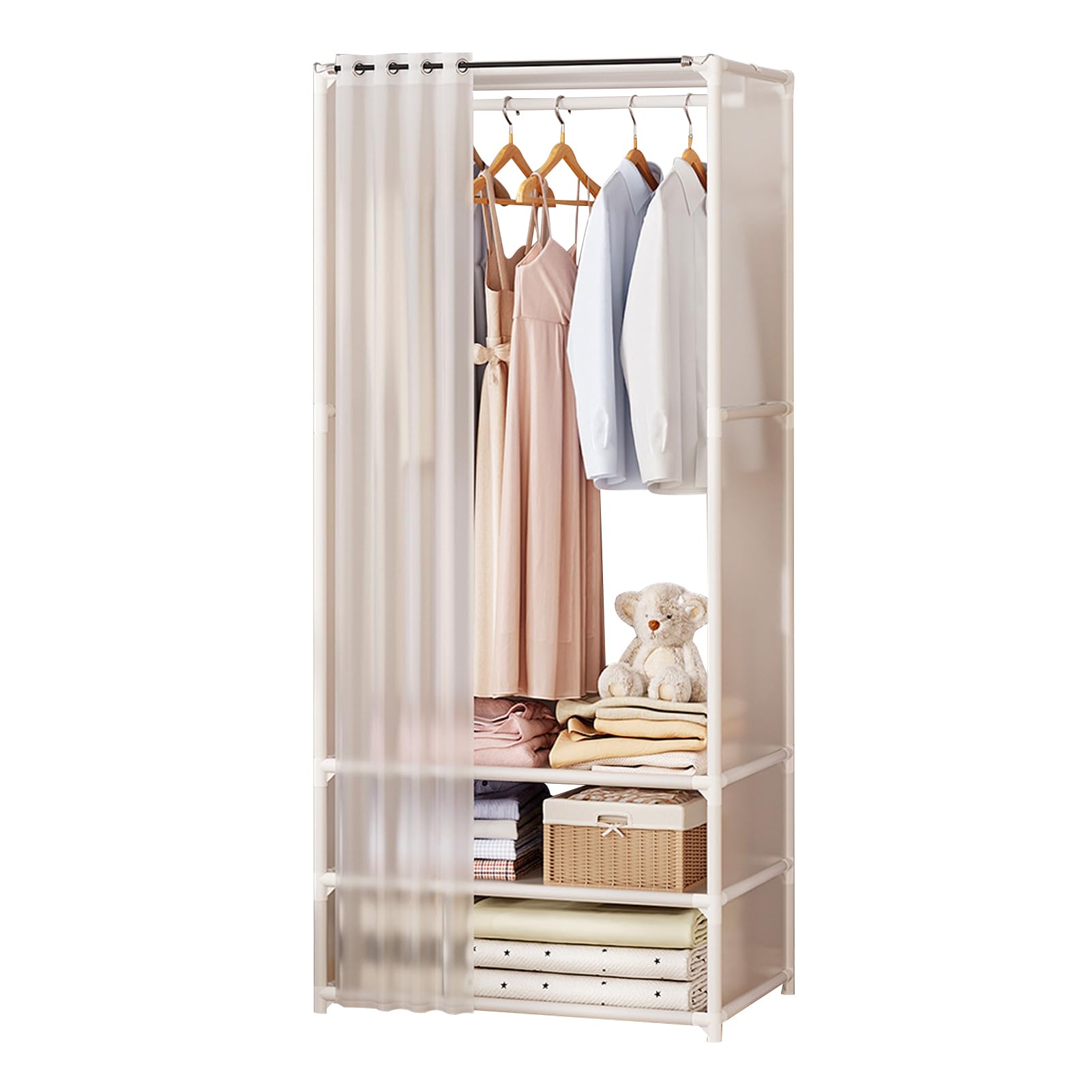 Beauenty Foldable Wardrobe for Hanging Clothes, Portable Cloth Closet with Hanging Rail and 2 Shelves, Non-Woven Fabric Cabinet with Dustproof Curtain (White)