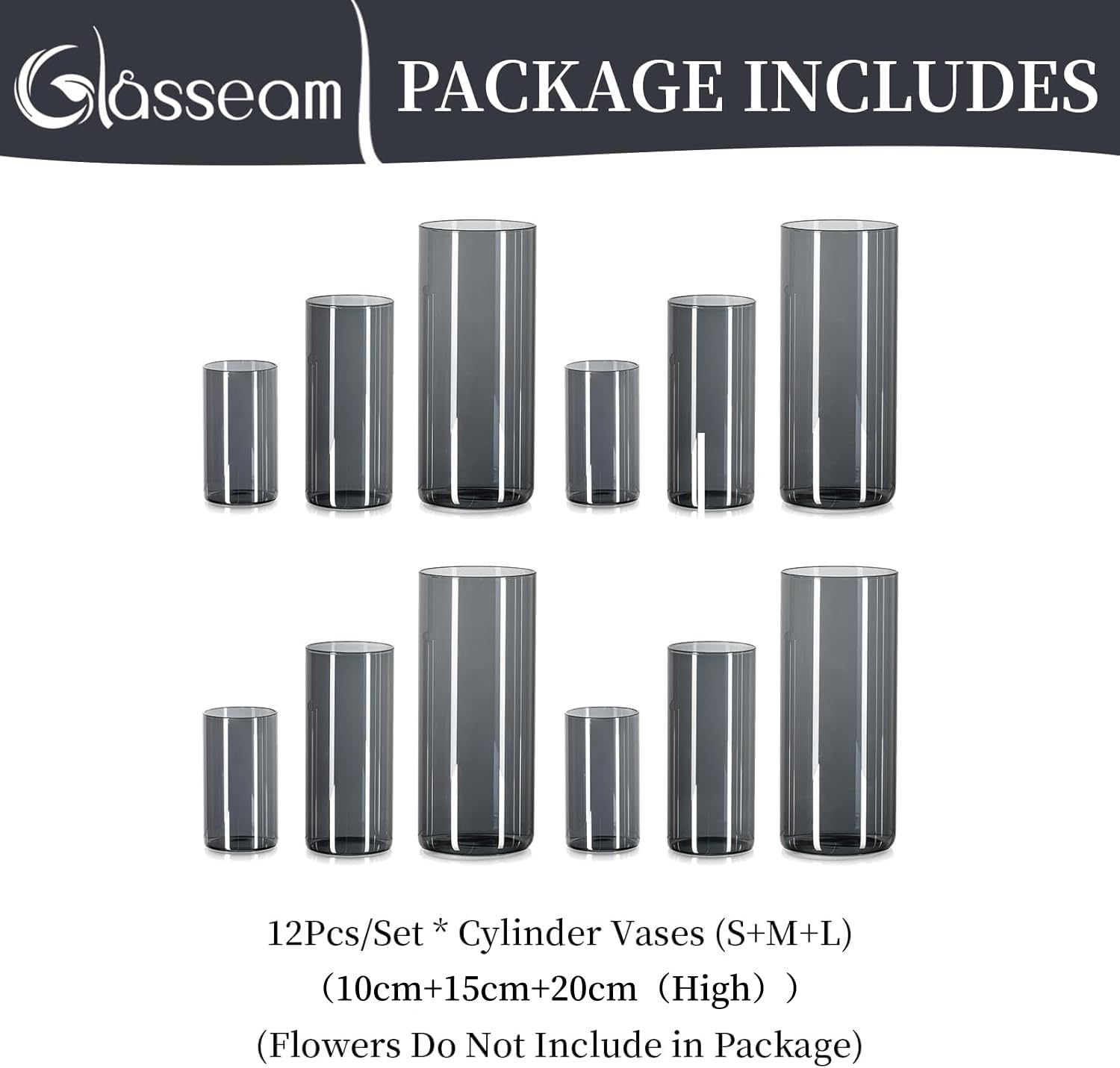 Glasseam Glasvase Zylinder Kerzengläser: 12er Grau Vase Set für Tischdeko | Glaszylinder Windlicht für Kerzen, Rauchglas Blumenvase Modern Glasvasen, Home, Hochzeitsdeko, Party, 10x5.5/15x6.5/20x8.5cm