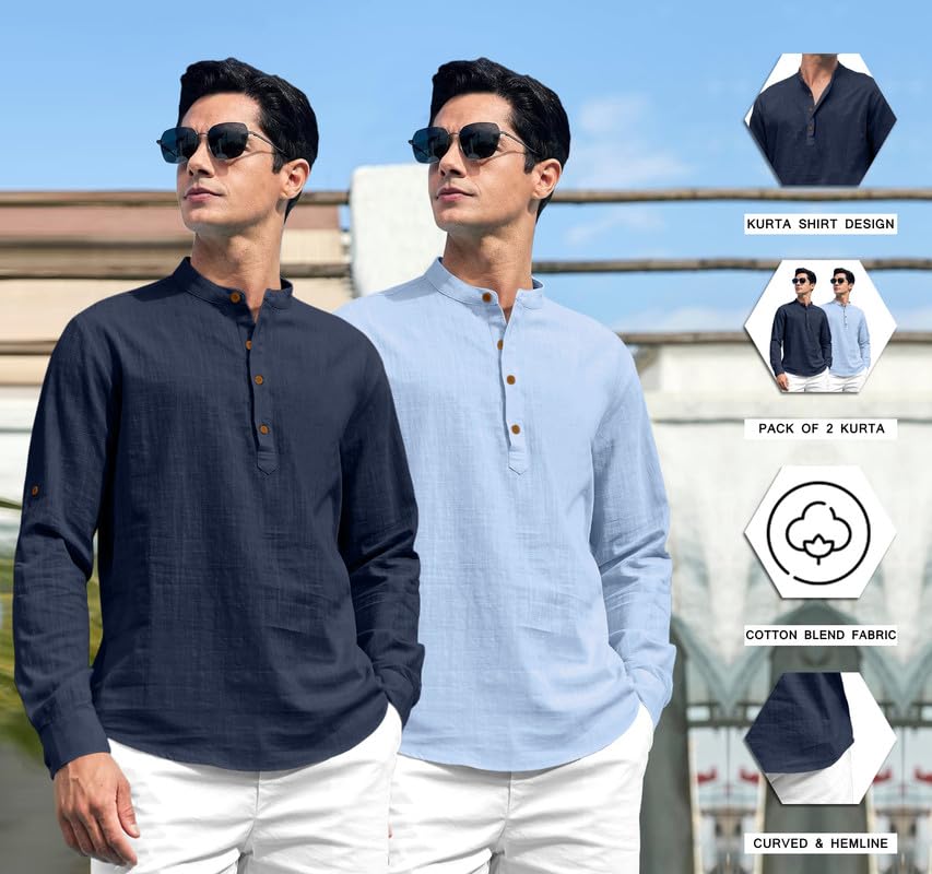 Image of ROYALSCOUT Combo of Men's Solid Cotton Blend Full Sleeve Straight Kurta Shirt (Pack of 2)