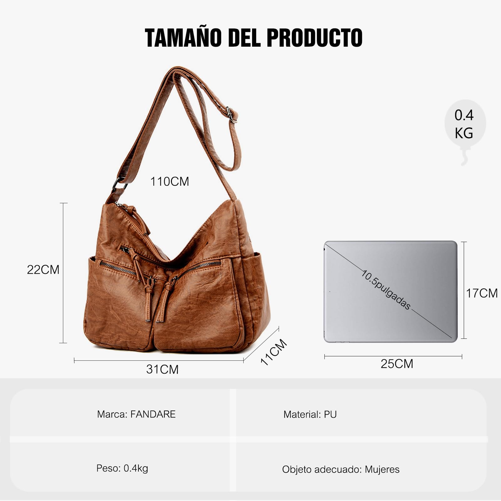 FANDARE Casual Bolsos de Mujer Bandolera Vintage Bolso Hombro Cruzado Impermeable PU Cuero para Viaje Trabajo Escuela Compras Conmutar Crossbody Bag Marrón