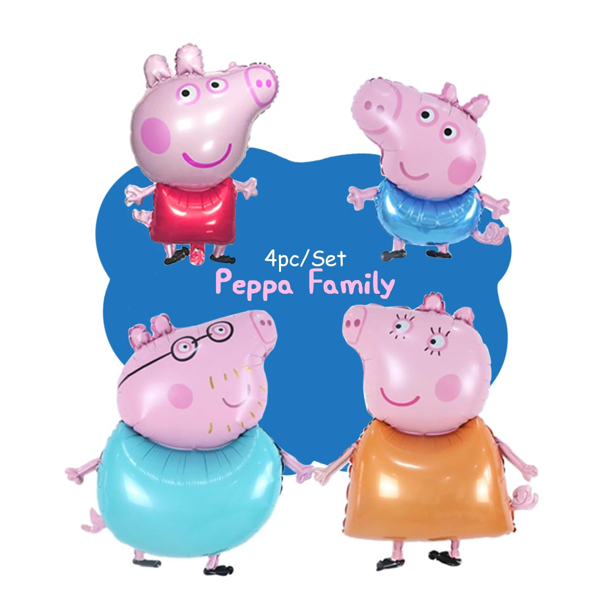 4pc Family Kit. Pig Family Foil Balloons. Peppa, George, Mummy & Daddy Foil balloons. Extra Large Size, 4 Piece Set, Character Family Theme, Birthday Decoration