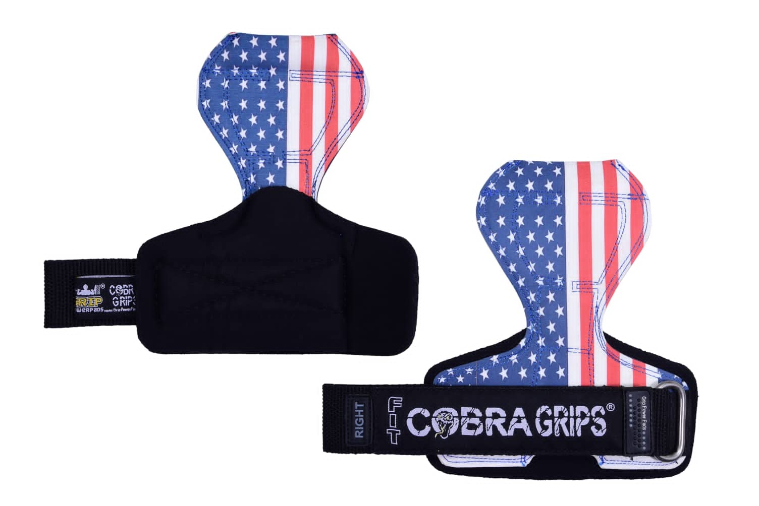 Cobra Grips Pro Guanti per sollevamento pesi, cinghie resistenti, ganci per sollevamento pesi, regolabili, in neoprene, imbottiti, supporto per il polso per bodybuilding (pelle con bandiera USA in - Vista 3