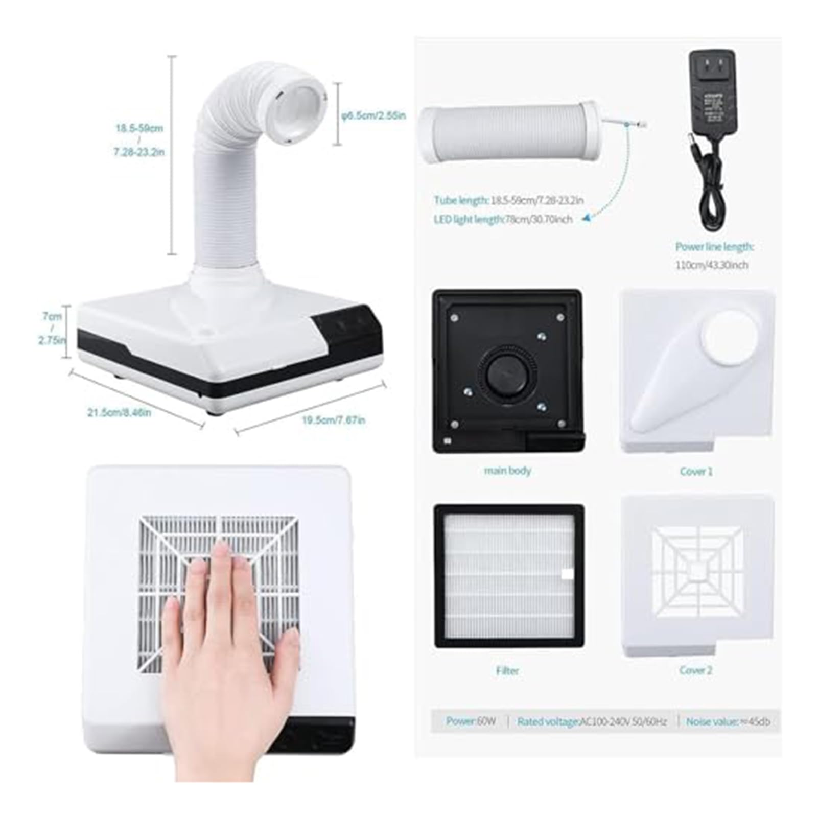 SenhE Tabletop Zahnstaubsauger, Dentalpolierstaubkollektor, 60 -W -Vakuum -Staubsaugung mit Lüfter und LED, Tragbare Staubsaugmaschine für Zahnärztliches Labor
