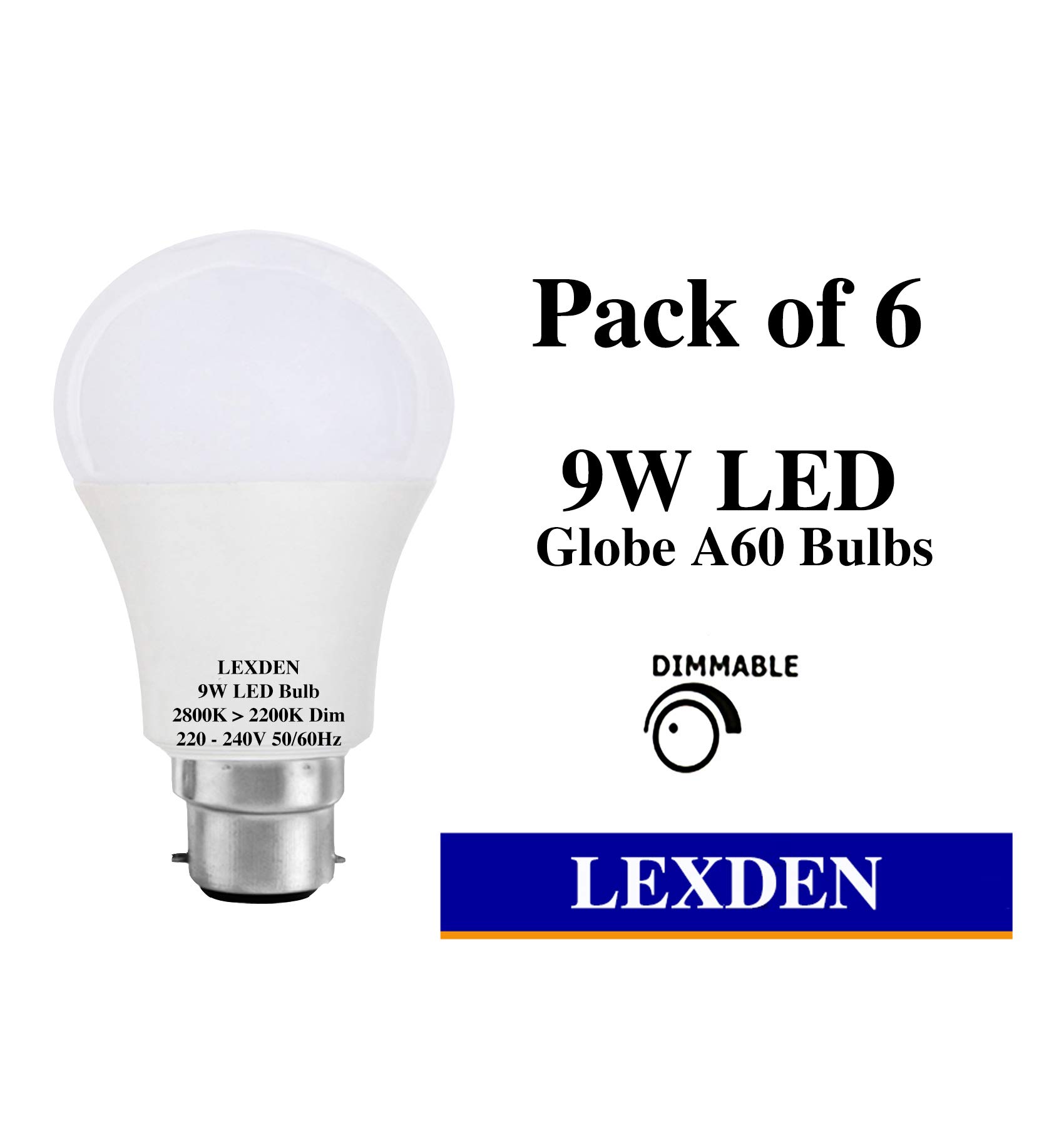 LEXDEN 8W LED Bulb DIMMABLE B22 Bayonet bc A60, New Elegant Warm White Dimming Technology, 810 lumens Pack of 6
