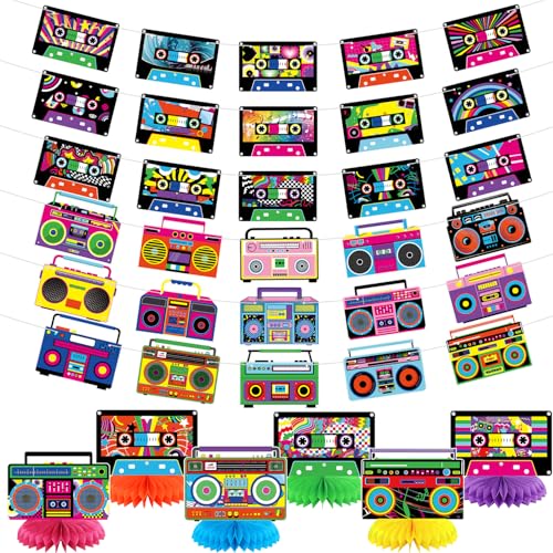 Decorazione per feste, 3 striscioni a cassetta, 3 striscioni a forma di boom, 6 centrotavola a nido d'ape, forniture di compleanno per feste musicali hip hop retrò anni '70, 80, 90