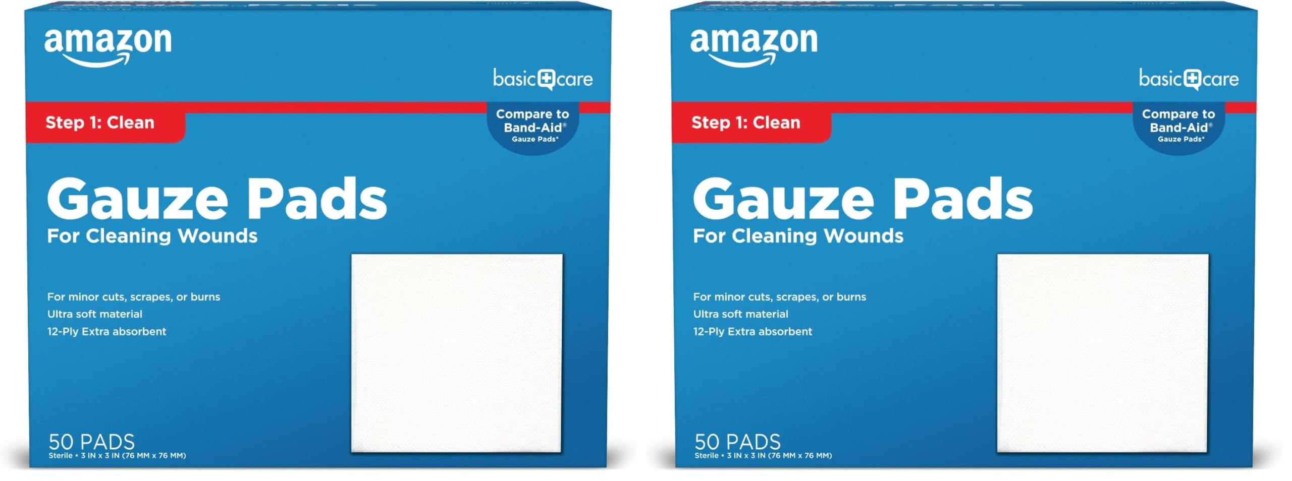 Amazon Basic Care Gauze Pads, 3x3 inches Sterile Medical Wound Dressing Sponges for Cleaning, Covering, & Cushioning Cuts & Minor Injuries, 50 Count (Previously All Health) (Pack of 2)