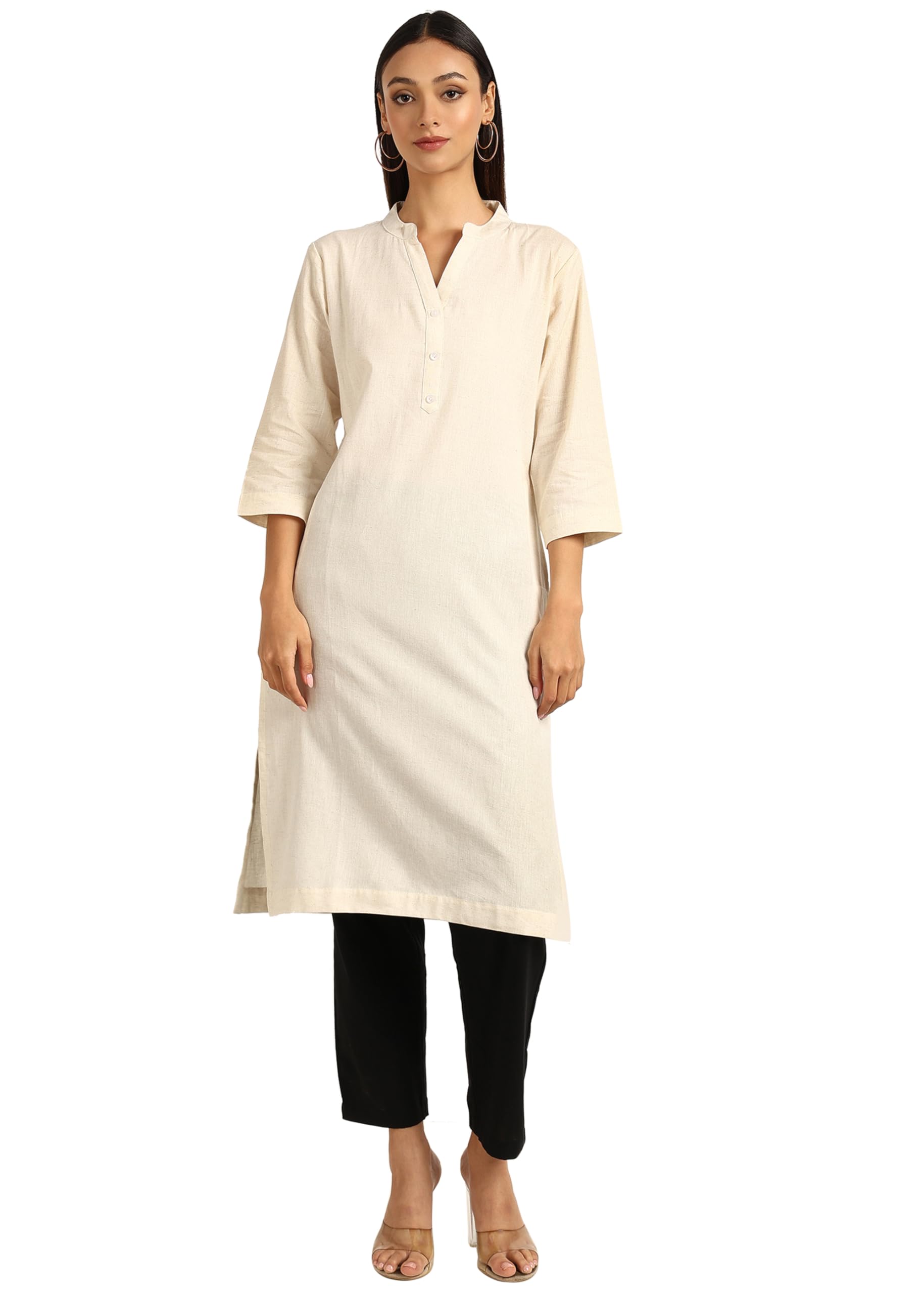 BLOCKS OF INDIA Long Cotton Kurta Womens Plain Straight Kurta, 3/4 Sleeve, Knee Length with 2 Pockets