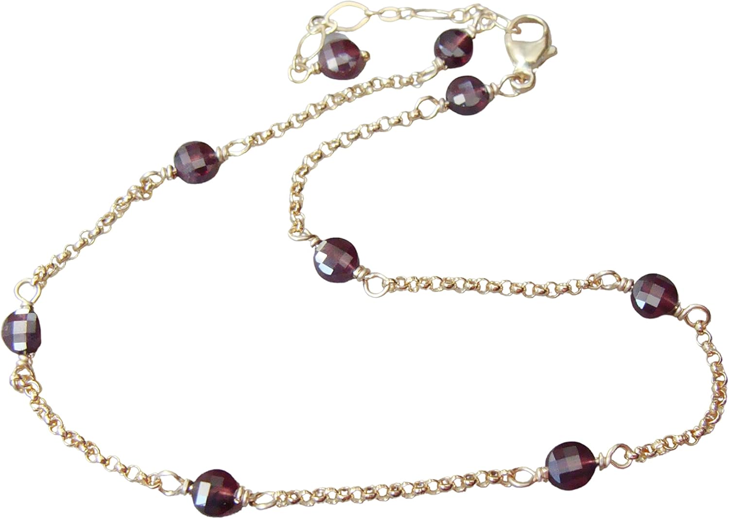 Dainty garnet anklet, checkerboard cut stones on fine goldfill chain, adjustable length, handmade, Let Loose Jewelry