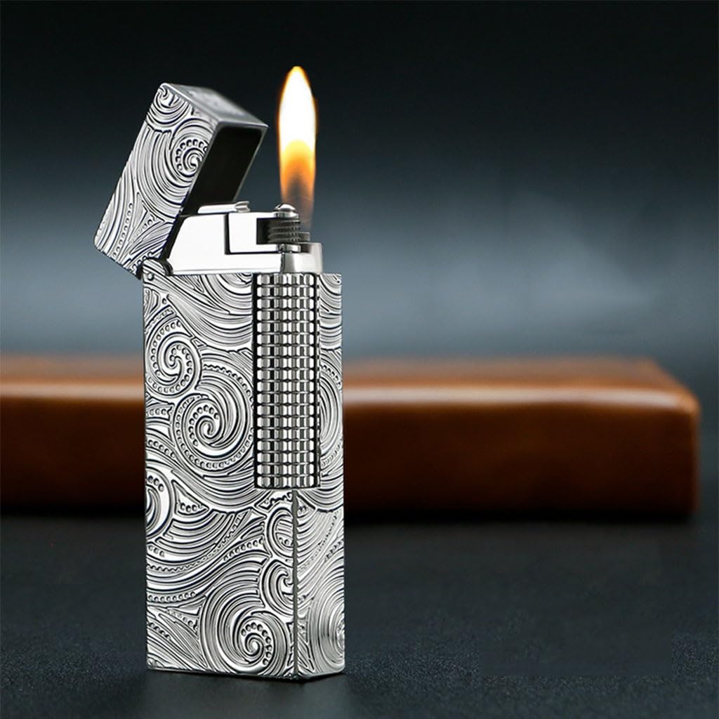Narrow Brass Flip Lighter Side-Sliding Ignition Wheel Mens Business Butane Refillable Lighters Silver