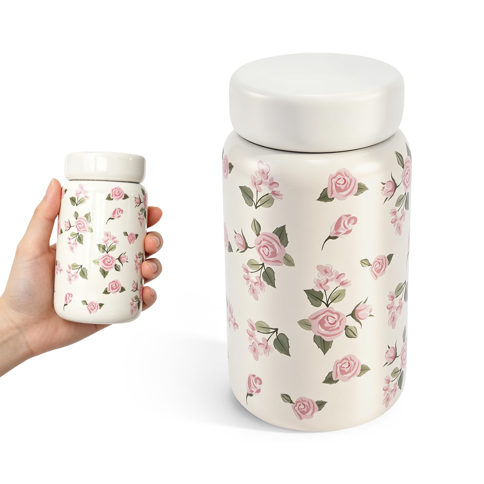Small Water Bottle with Rose Print,200ml Mini Water Bottle,Double-Wall Vacuum Insulated Small Flask for Hot & Cold Drinks,Portable Leakproof Travel WaterBottles for Handbag,Yoga,Sport,Work(White)