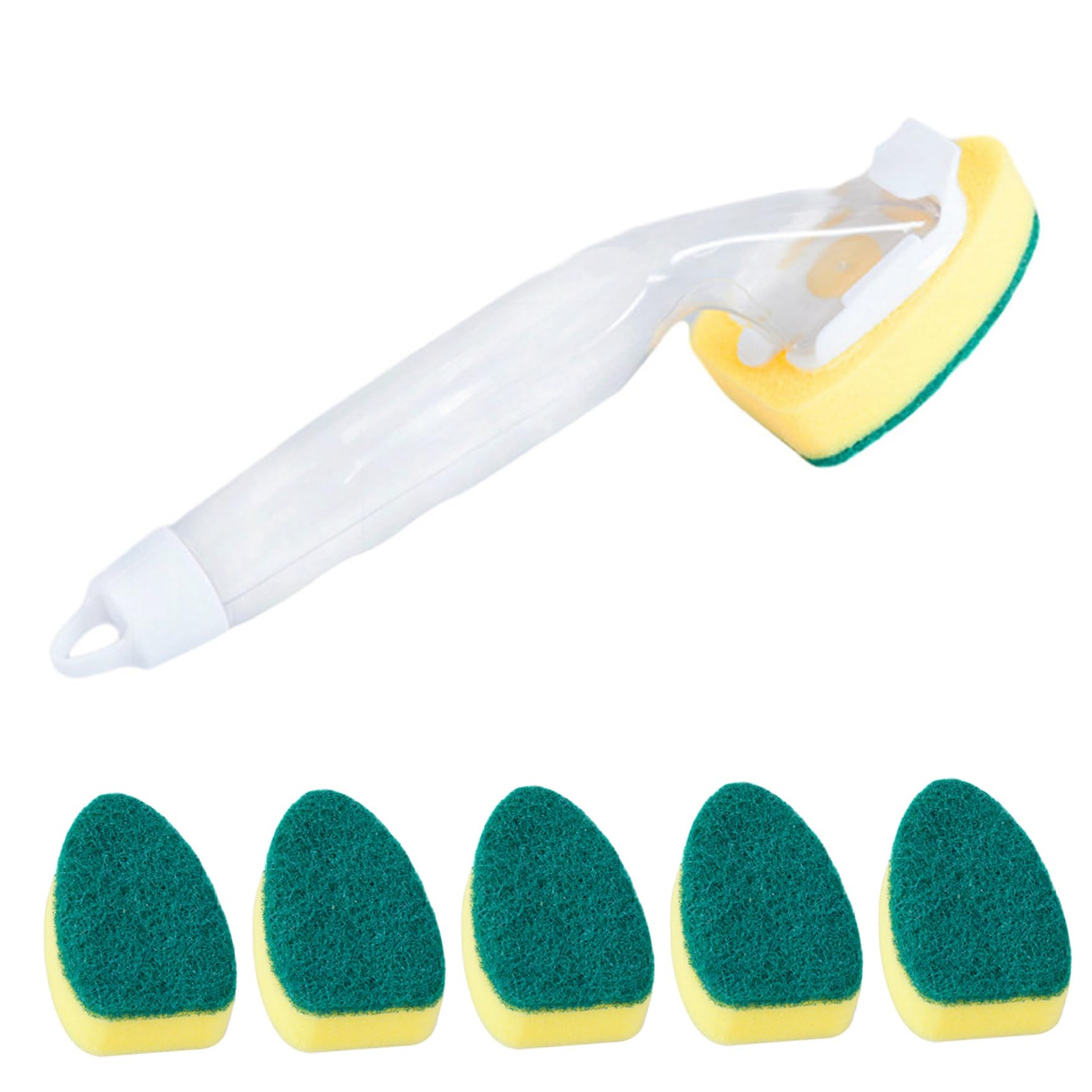 Bemonew Dish Soap Wand - Automatic Dispensing Dish Sponge Wand with Refillable Handle & 6 Sponge Heads for Easy Dishwashing