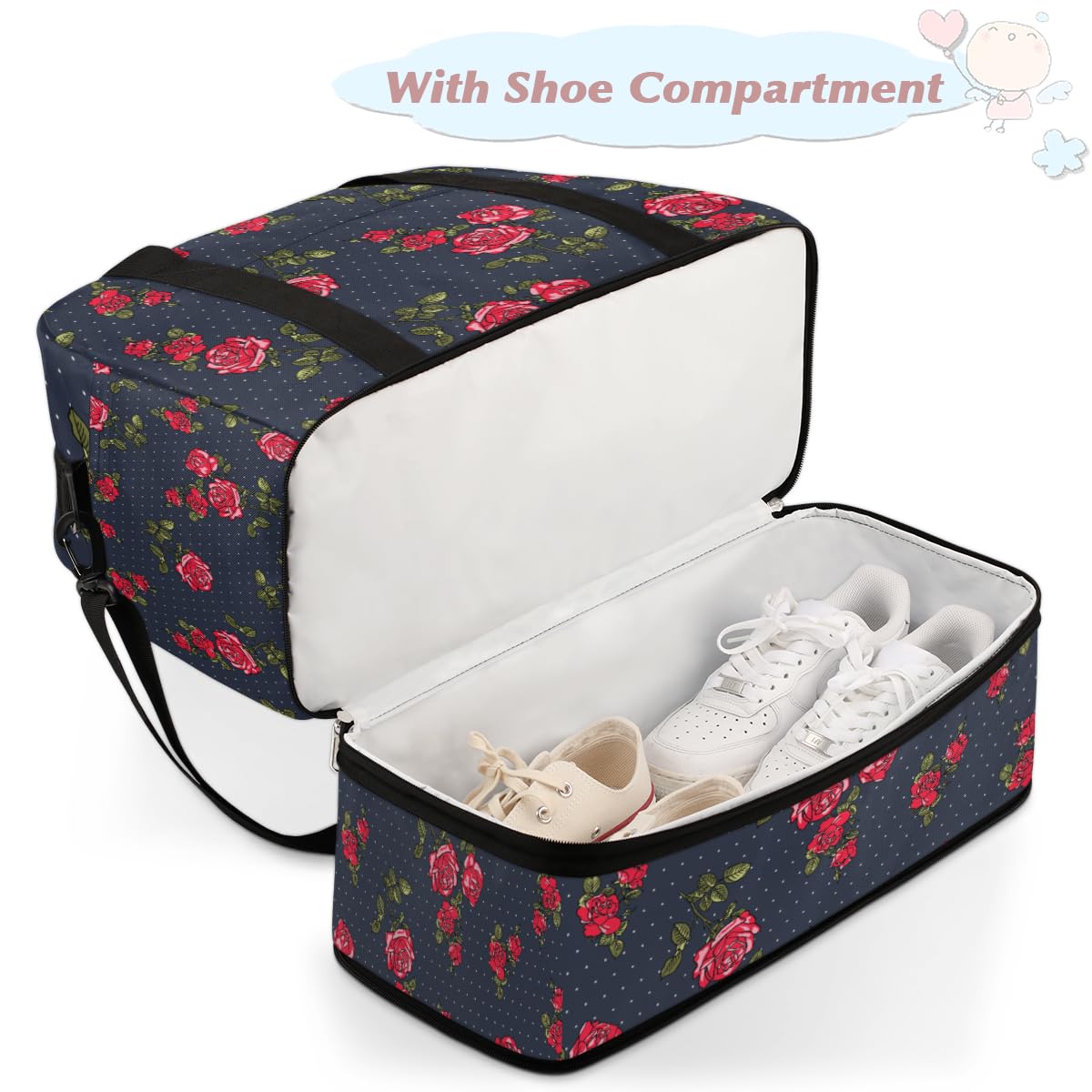 Bolsa de viaje plegable con diseño de lunares de rosas de 47 litros, bolsa de fin de semana con funda de carrito, bolsa de hombro separada para deportes, gimnasio, viajes, multicolor, 47L, Bolsa de