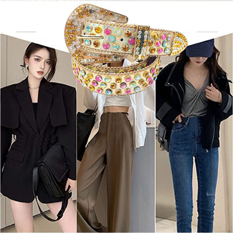 Women's Rhinestone Western Belts Diamond Crystal Embellished Belts Cowgirl Denim Men's Jeans Belts,Gold,115CM/45.3''4