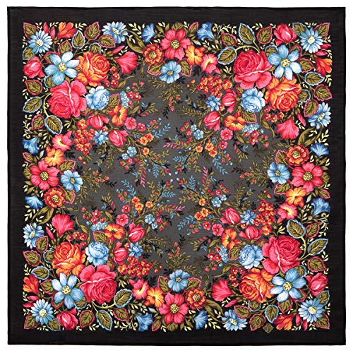 Pavlovo Posad Woll Shawl for Women 28.3x28.3'' (72x72 cm) 100% Wool Scarf for Women, Floral Wrap, Fashion Scarves (Black & Red Florals)