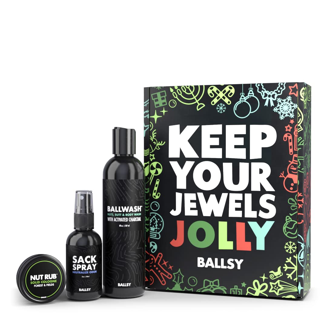 Ballsy Gift Set For Men, Jolly Jewels Pack, Includes Body Wash, Deodorizing Spray, and Cologne Rub, Men Hygiene Products, Mens Body Care, Ball Wash For Men Christmas Gift pack, Forest & Fields