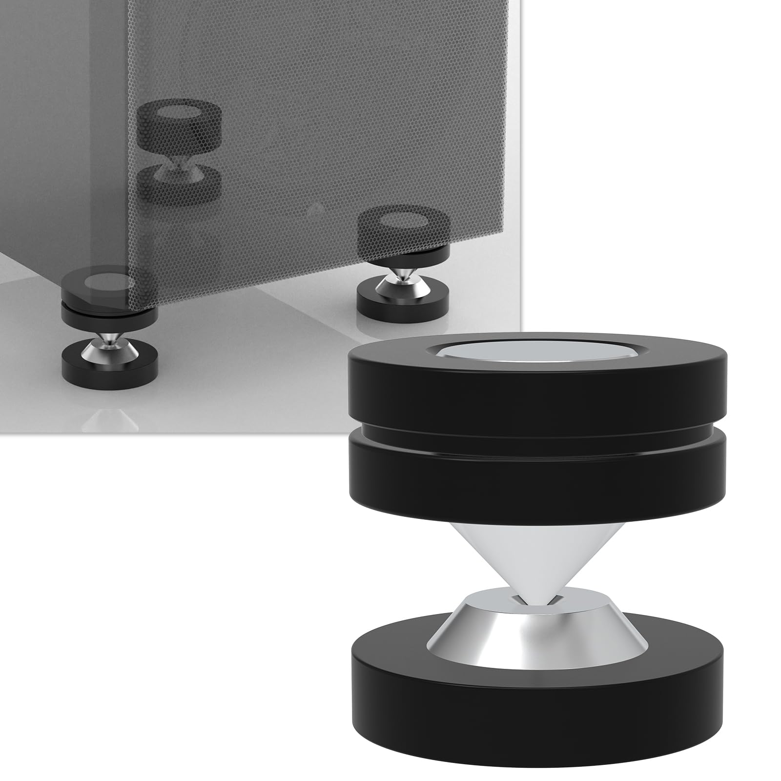 Monosaudio 4 Stück HiFi Lautsprecher Spikes 39×39mm Gerätefüße POM Einstellbare Höhe Lautsprecherständerfüße Stoßdämpfer Pads Isolationsfüße Untersetzer für Verstärker Subwoofer DAC und Plattenspieler