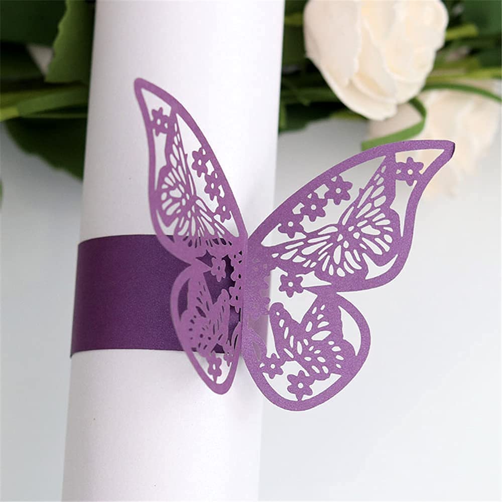 HQLESHUI 100 Pieces Napkin Rings, 3D Butterfly Paper Napkin Rings for Place Settings, Wedding Receptions, Dinner or Holiday Parties, Family Gatherings, DIY Decoration (Purple)