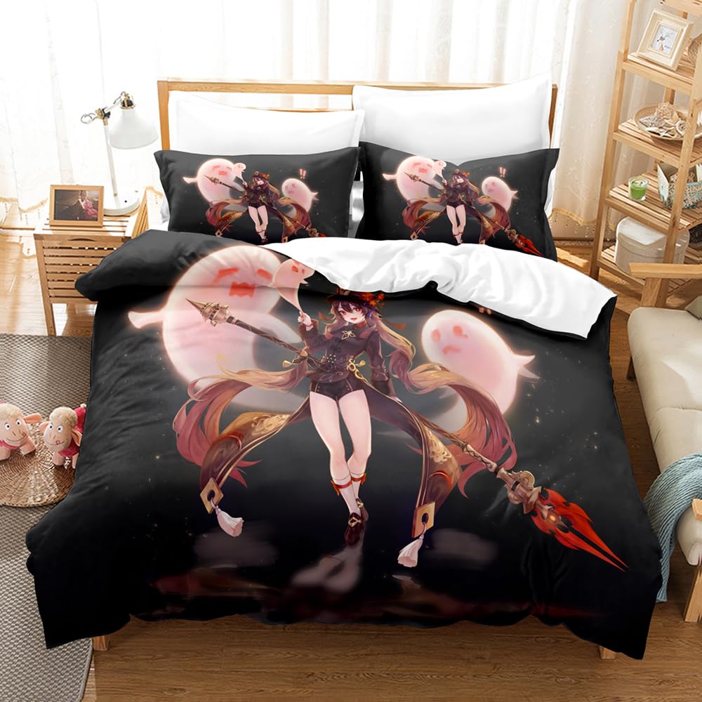 100% Pure Cotton Genshin Impact Duvet Cover Set with Hidden Closure, 3 Pieces Soft Home Accessories Bedding with 1 Cover and 2 Pillowcases (220x230cm(King),Genshin 03)