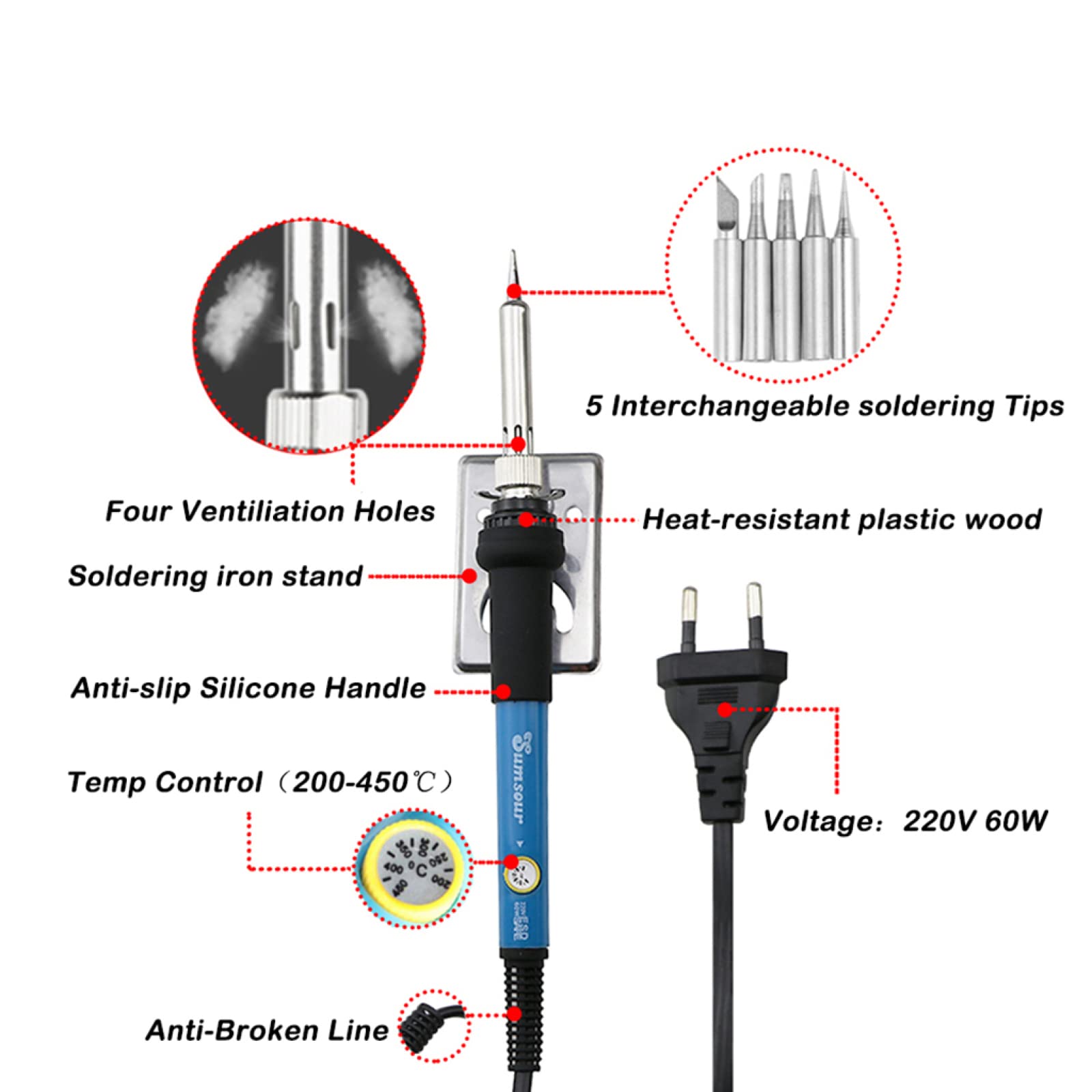 Kit De Soldador Eléctrico De Temperatura Ajustable De 60 W, Herramienta De Reparación De Soldadura Portátil, Puntas De Pistola De Soldar, Alambre De Soldadura, Esponja, Soporte para Soldador