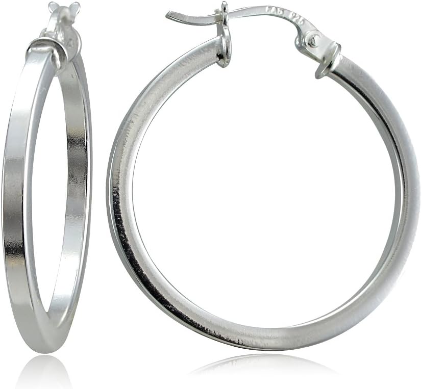 Hoops & Loops - Sterling Silver 30mm or 35mm High Polished Square Tube Click Top Hoop Earrings | Sterling Silver, Yellow & Rose Gold Flash Plated