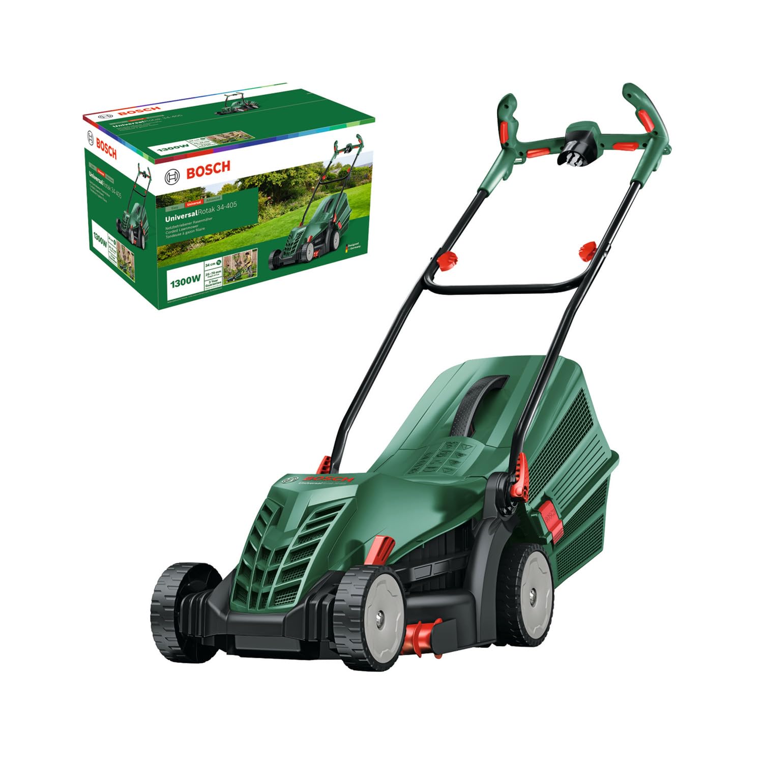 Bosch Bosch UniversalRotak 34-405 corded lawn mower (1300 W motor power, cutting width: 34 cm, grass collector 40 litres, suitable for