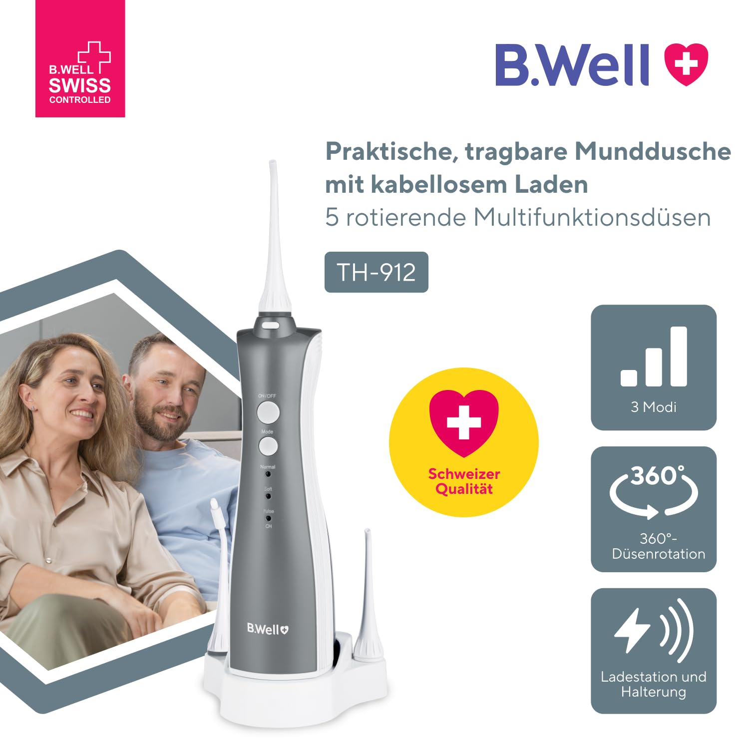 B.Well Swiss TH-912 tragbare und kabellose Munddusche, Praktisches Design mit 3 Betriebsmodi, 5 Düsen mit 360°-Rotation, bis zu einem Monat Akkulaufzeit, Inkl. einer praktischen Reisetasche